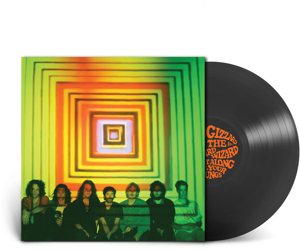 A vinyl record partially pulled from its sleeve, showing the album cover art with a green-to-yellow concentric tunnel and a band lineup, alongside the black record disc with orange text.