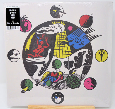 Front cover of 'King of Cowards' limited edition vinyl with bold, abstract artwork and stickers