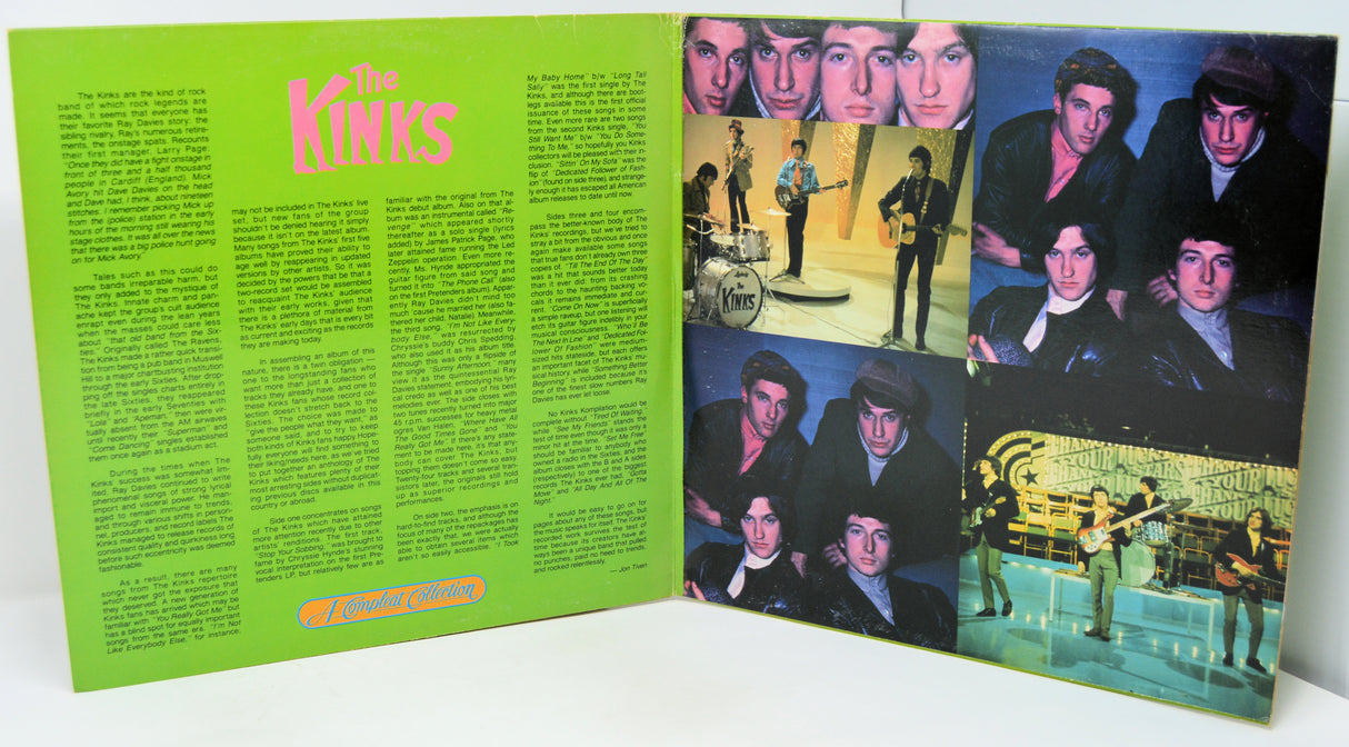 Album cover with green text side and black and white photo collage of a band on the right.