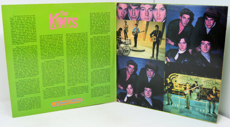 Album cover with green text side and black and white photo collage of a band on the right.