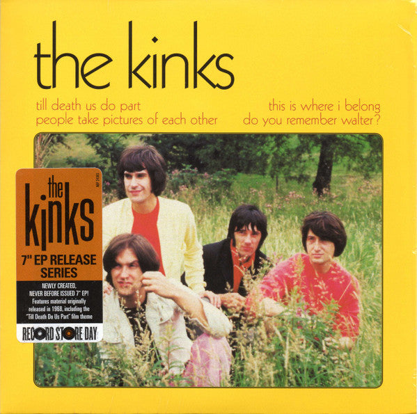 Album cover of The Kinks with band members in a field and text on a yellow background