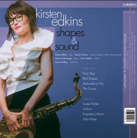 Album cover for Kirsten Edkins' 'shapes & sound' on Coherent Records, featuring a portrait of the artist holding a saxophone against a blue-purple background with track listings on the right.