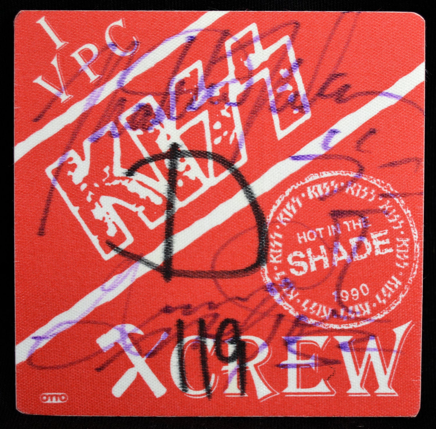Backstage pass for Kiss concert in 1990, Hot In the Shade tour.  Red background with white text.