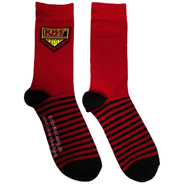 Red socks with black stripes and a logo on a white background
