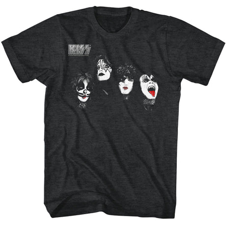 Black t-shirt with graphic of four faces and KISS logo on a white background