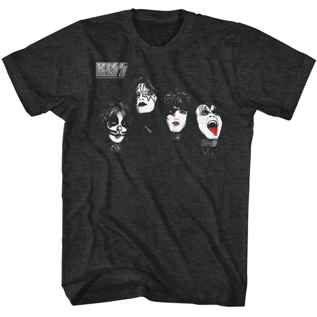 Black t-shirt with graphic of four faces and KISS logo on a white background