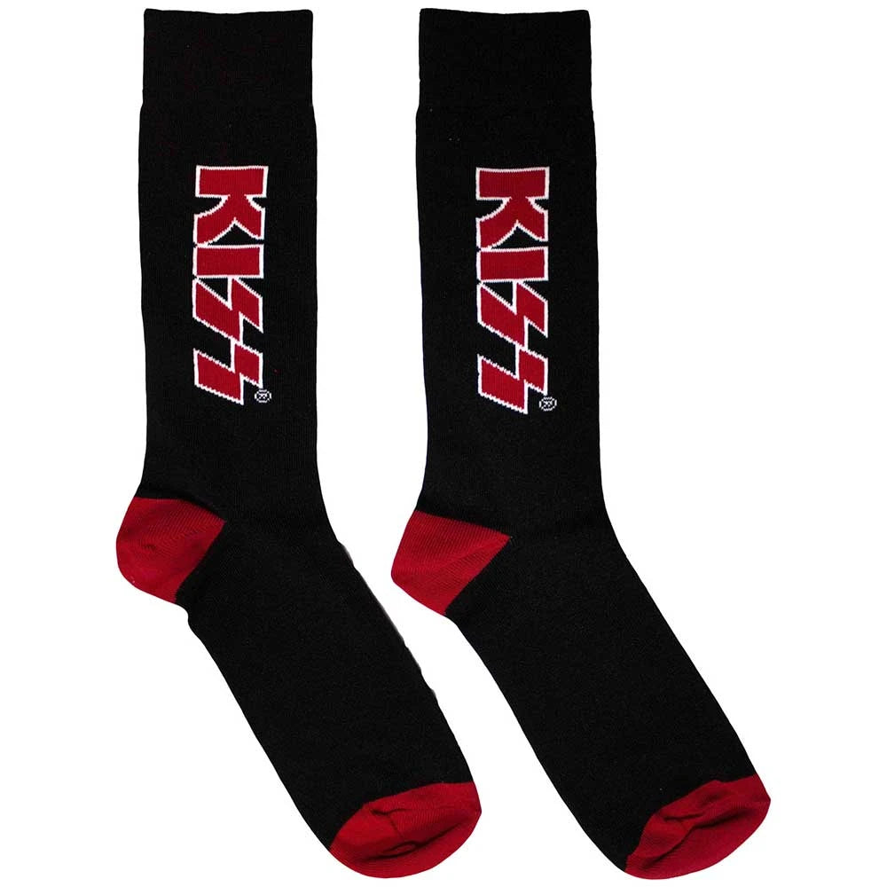 Black socks with red accents and 'KISS' logo on a white background