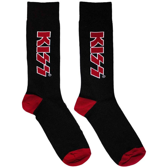 Black socks with red accents and 'KISS' logo on a white background