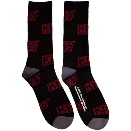 Black socks with red logo pattern on a white background