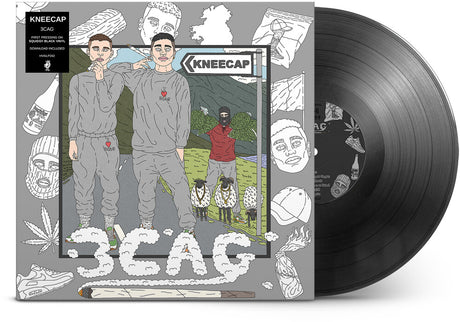 Kneecap 3CAG vinyl record album with its illustrated cover jacket and a black vinyl record partially visible behind it.