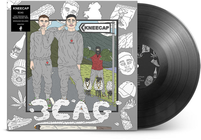 Kneecap 3CAG vinyl record album with its illustrated cover jacket and a black vinyl record partially visible behind it.