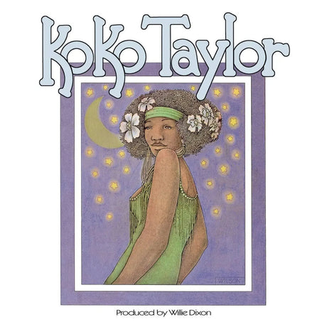 Album cover for 'Koko Taylor' featuring a stylized illustration of a woman with an afro decorated with flowers, wearing a green dress, set against a purple background with a crescent moon and stars. The text 'Koko Taylor' is written in large decorative letters at the top, and 'Produced by Willie Dixon' is written at the bottom.