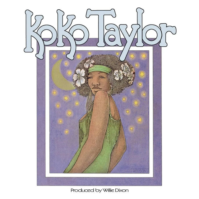 Album cover for 'Koko Taylor' featuring a stylized illustration of a woman with an afro decorated with flowers, wearing a green dress, set against a purple background with a crescent moon and stars. The text 'Koko Taylor' is written in large decorative letters at the top, and 'Produced by Willie Dixon' is written at the bottom.