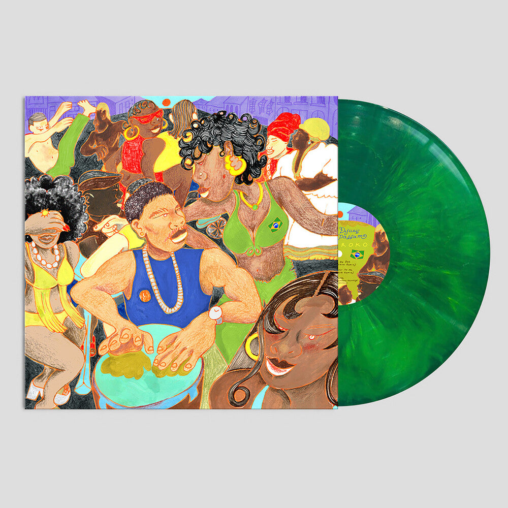 A vinyl record album shown with its illustrated cover on the left and a translucent green record partially visible on the right, set against a light gray background.