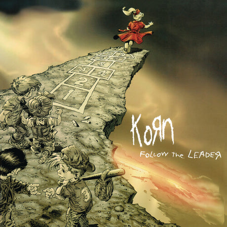 Album cover art for Korn - Follow The Leader featuring a cartoonish illustration with a character on a high platform above others who are lying or seated on the ground.