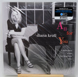 Diana Krall's 'All for You' vinyl record cover, sealed in plastic shrink wrap. The cover features a black-and-white photograph of Diana Krall sitting at a grand piano, with the title 'All for You' in white and coral-pink text.