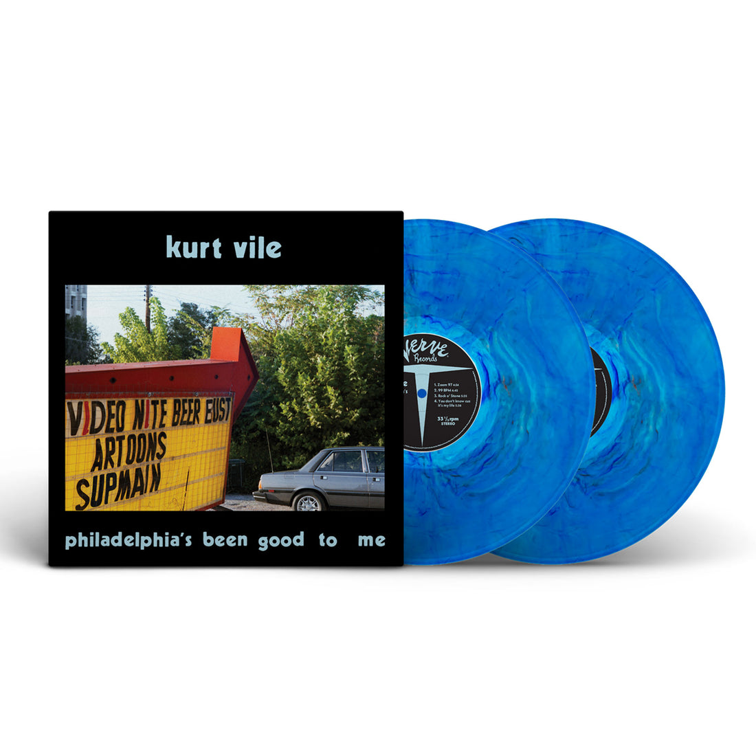 Blue vinyl records with a cover featuring text and an image of a dumpster.
