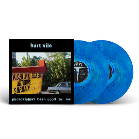 Blue vinyl records with a cover featuring text and an image of a dumpster.