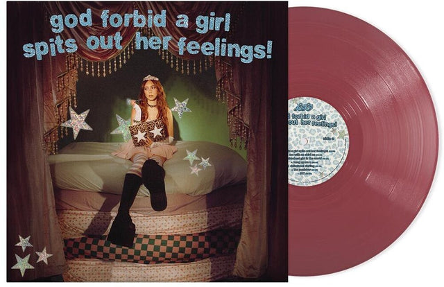 Vinyl record with a cover featuring a girl sitting on a bed and text 'god forbid a girl spits out her feelings!'.
