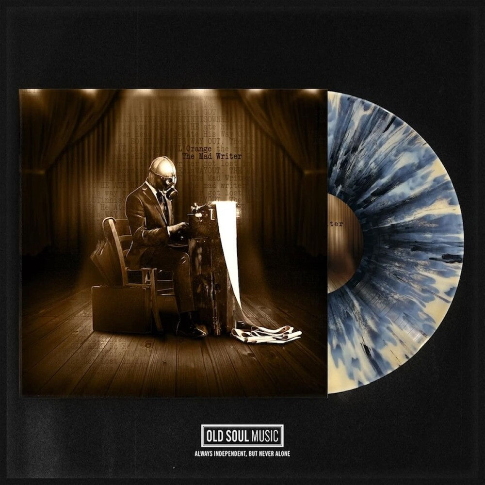 Vinyl record with a cover featuring a man in a room sitting at a typewriter with a gas mask on.