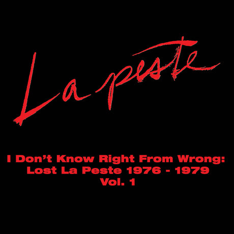 Red text on a black background with 'La peste' and album title.