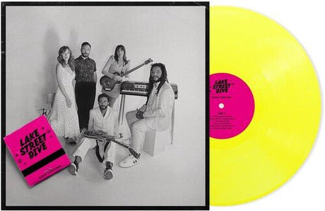 'Good Together' by Lake Street Dive showing the yellow vinyl record and cover with the band and instruments in black and white and a pink matchbook with the bands name on it.
