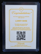 Back of Larry Bird Keepsake Edition relic card with authenticity details and QR code