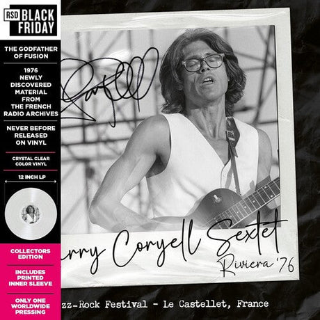 Larry Coryell Sextet Riviera '76 album cover featuring black and white photo, crystal clear vinyl, and event details