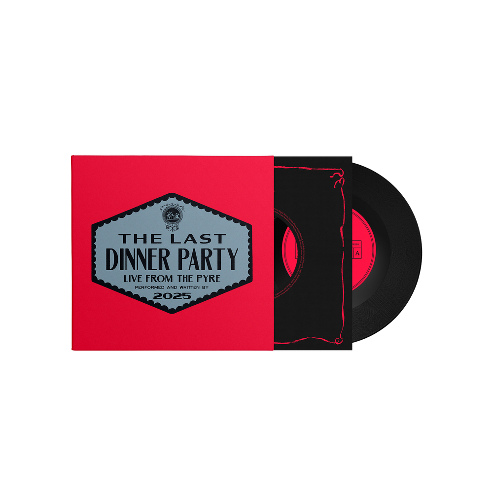 Vinyl record with red cover featuring 'The Last Dinner Party' text on a white background