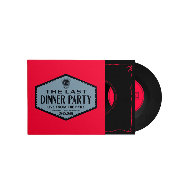 Vinyl record with red cover featuring 'The Last Dinner Party' text on a white background