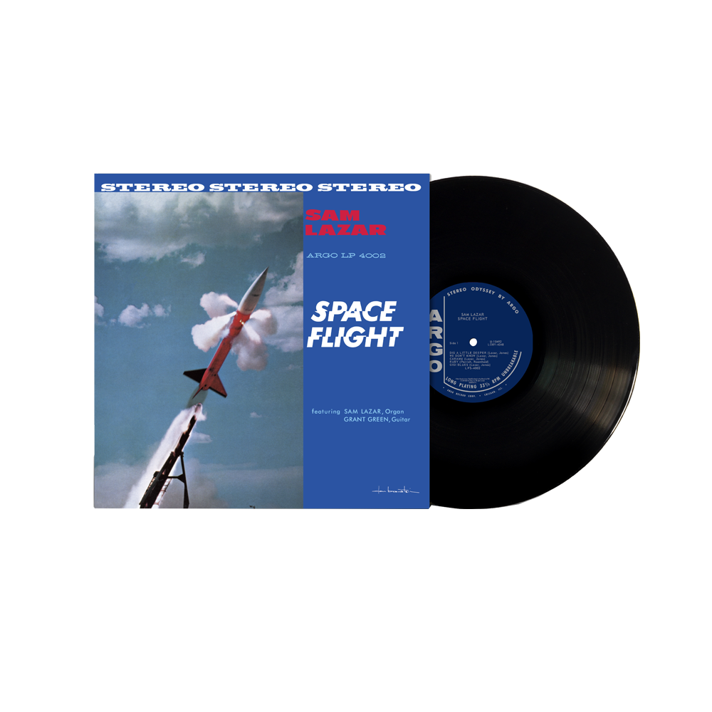 A vinyl record titled 'Space Flight' by Sam Lazar with a space-themed cover featuring a rocket launch.