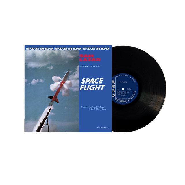 A vinyl record titled 'Space Flight' by Sam Lazar with a space-themed cover featuring a rocket launch.