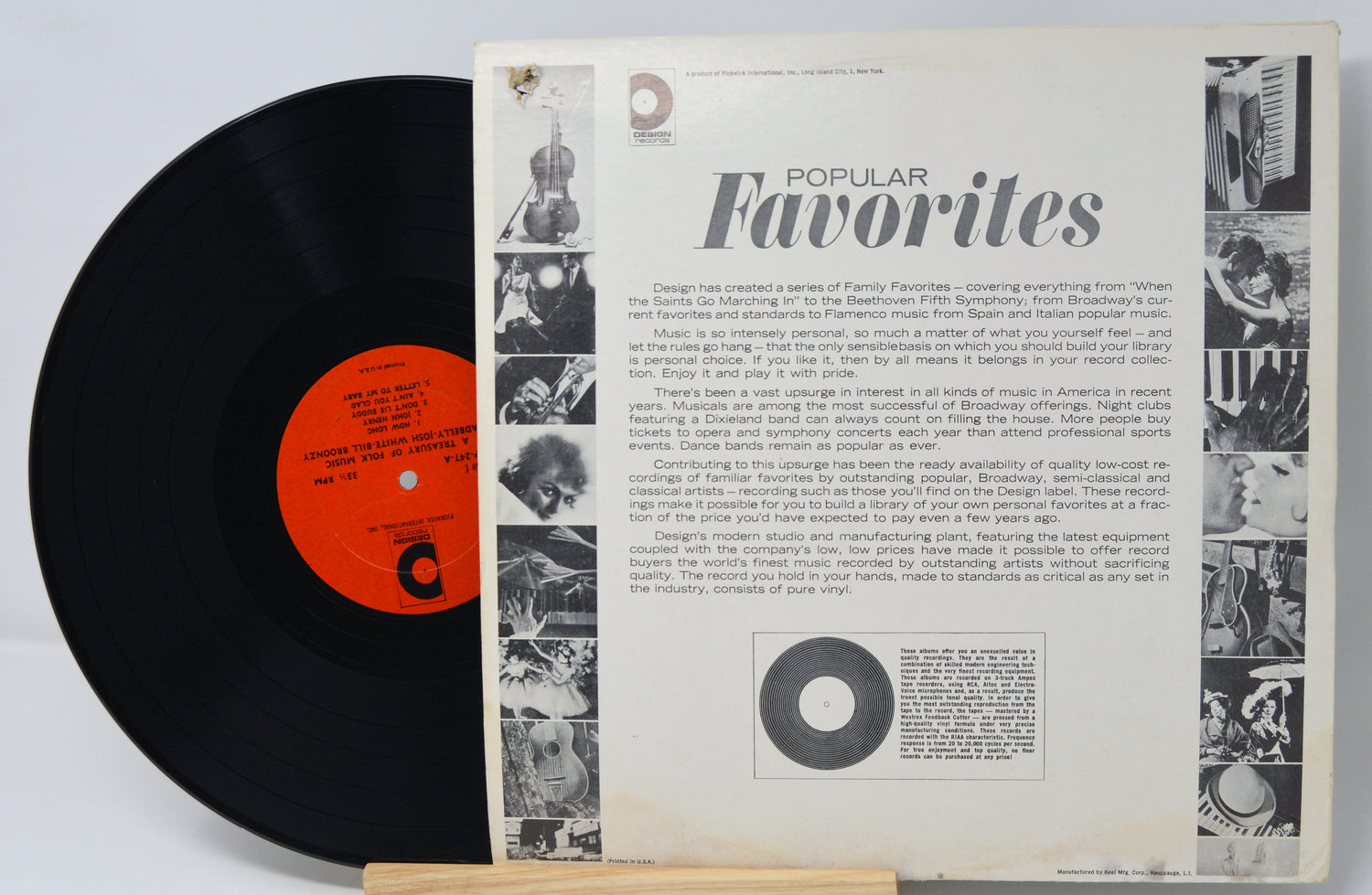 Vinyl record with a black cover and a white label featuring text and images.