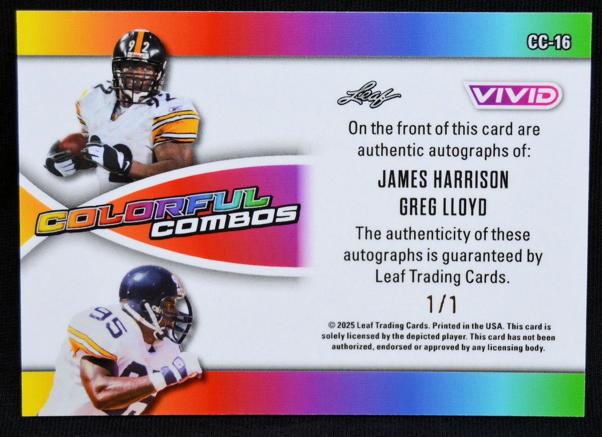 Back of Leaf Vivid Colorful Combos card featuring James Harrison and Greg Lloyd with autograph authentication.