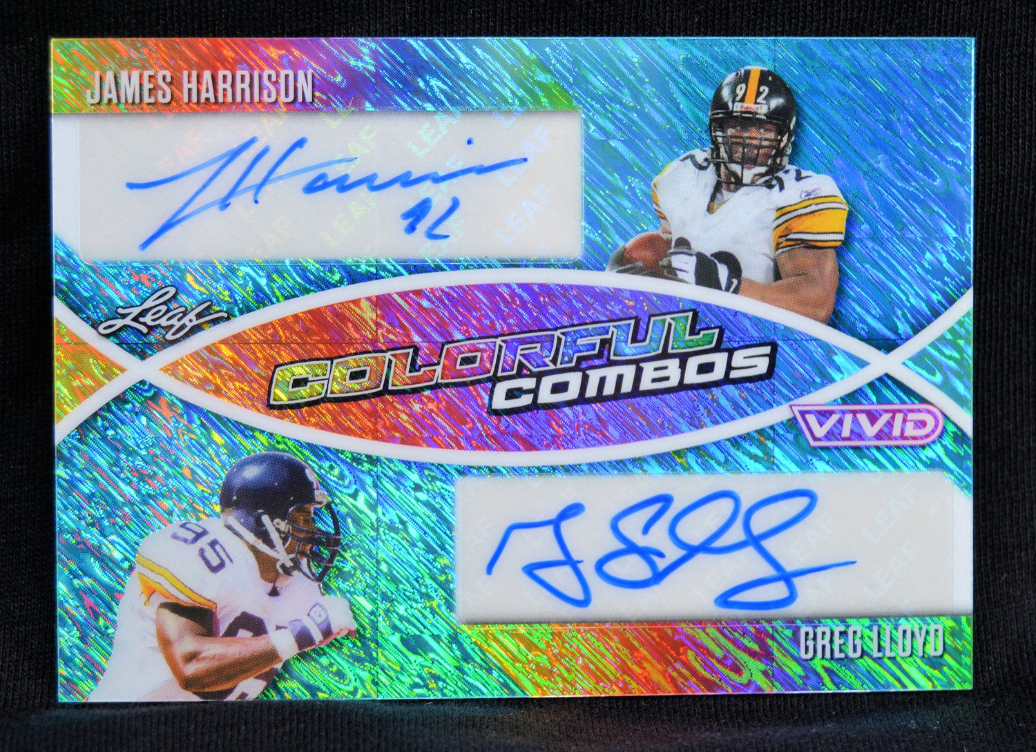 Front of Leaf Vivid Colorful Combos trading card with autographs of James Harrison and Greg Lloyd.