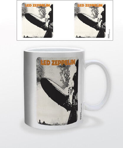 White mug with Led Zeppelin album cover design on a white background