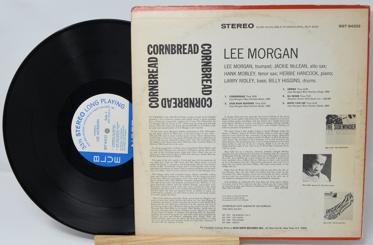 Vinyl record with cover displaying 'Cornbread' by Lee Morgan on a light gray background