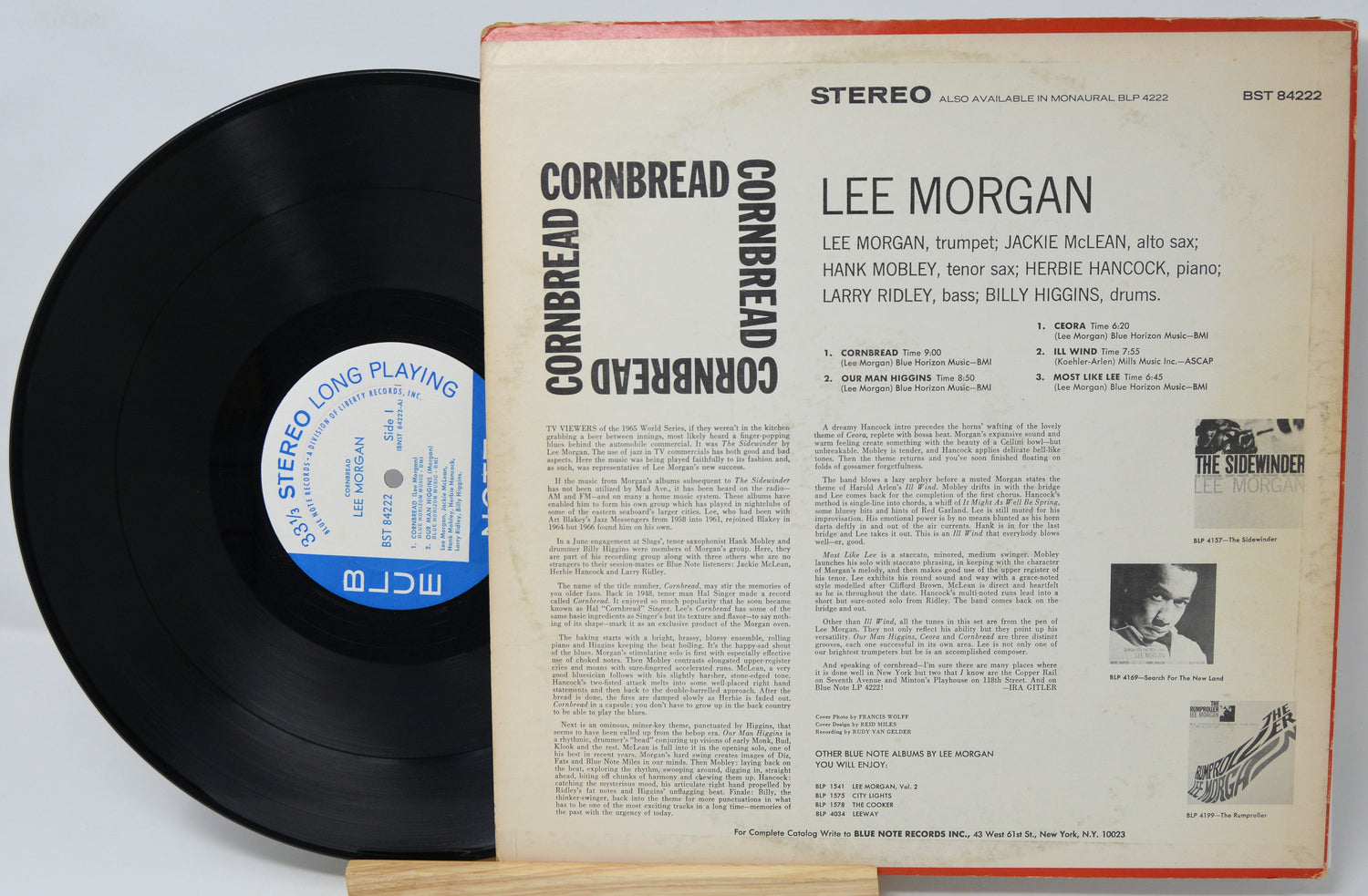 Vinyl record with cover displaying 'Cornbread' by Lee Morgan on a light gray background