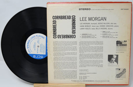 Vinyl record with cover displaying 'Cornbread' by Lee Morgan on a light gray background
