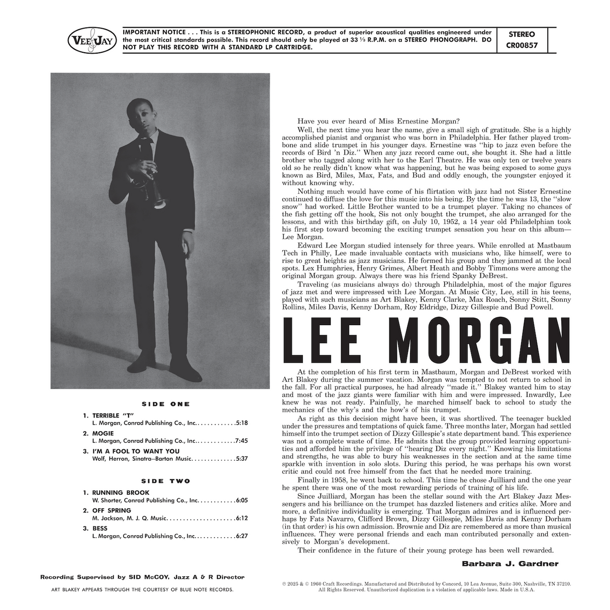 Album cover with black and white photo of a man playing a trumpet and text.