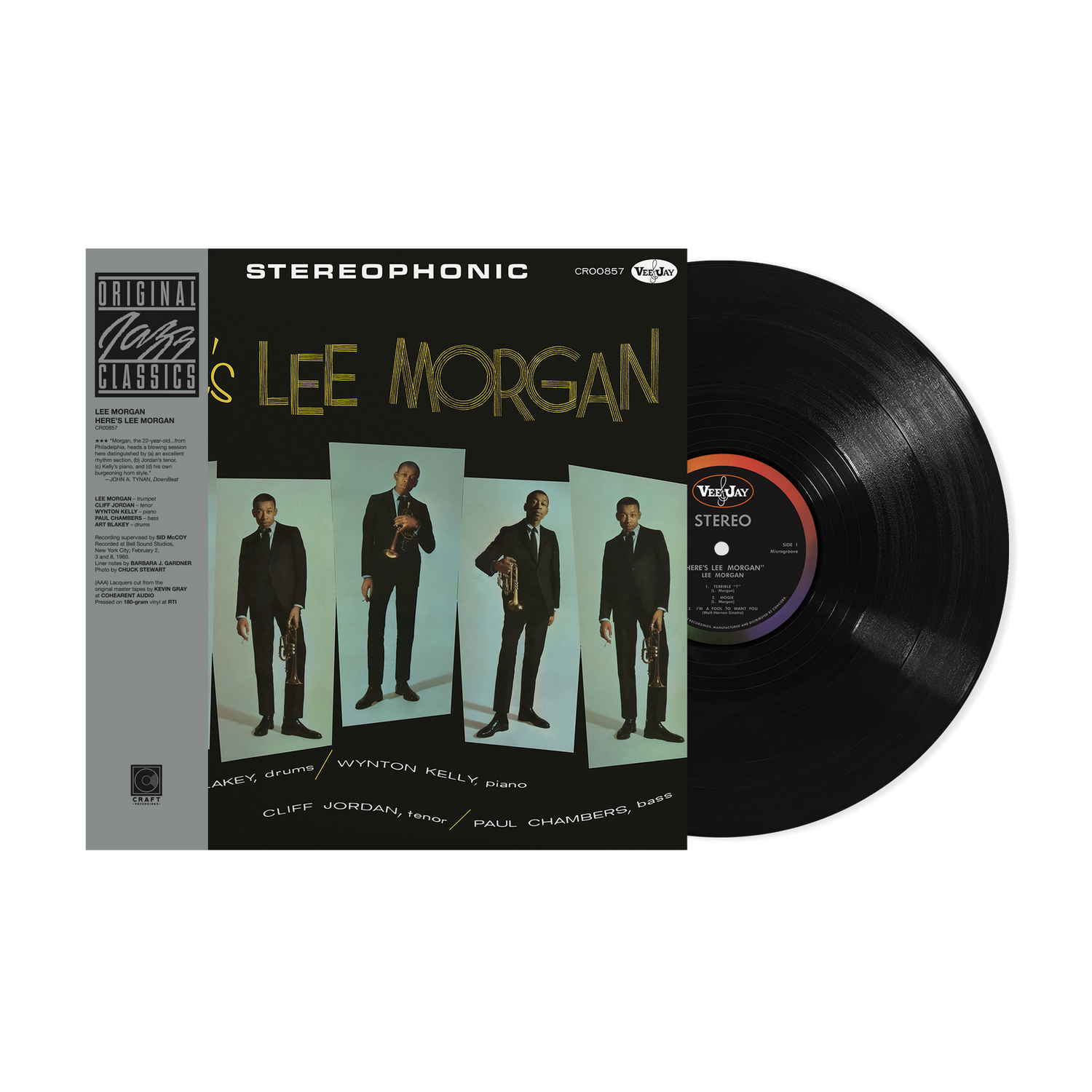 A vinyl record and its cover featuring Lee Morgan, with the title 'HERE'S LEE MORGAN' on the cover. The vinyl record is black, and the cover has text and an image of Lee Morgan in a suit.