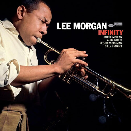Album cover featuring a musician playing a trumpet with text about Lee Morgan's 'Infinity' album.