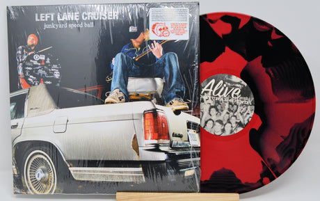 Front cover and red-black swirl vinyl of Left Lane Cruiser 'Junkyard Speed Ball' LP