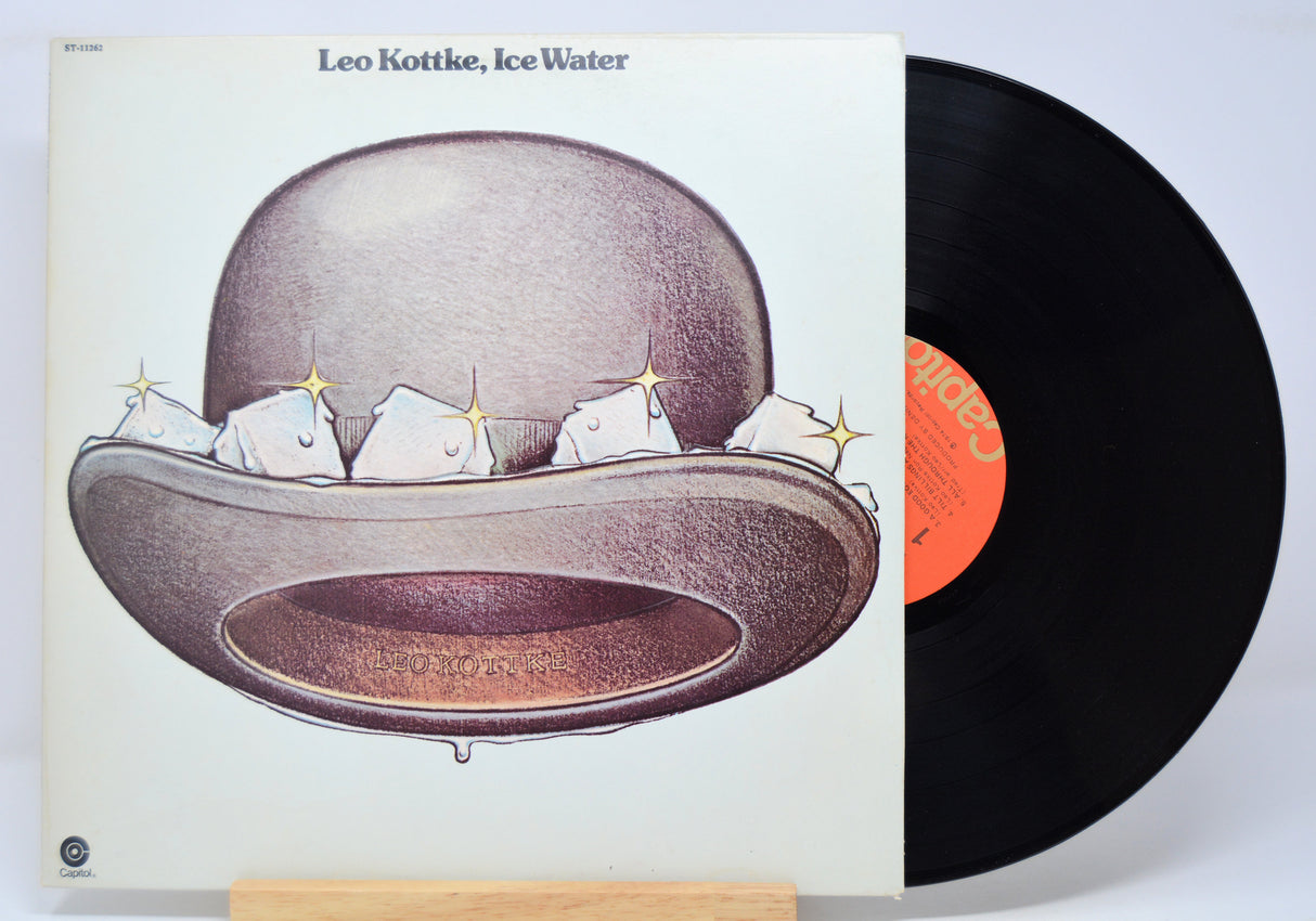 'Leo Kottke Ice Water' Vinyl record with a cover featuring an illustration of a hat with ice cubes on a white background