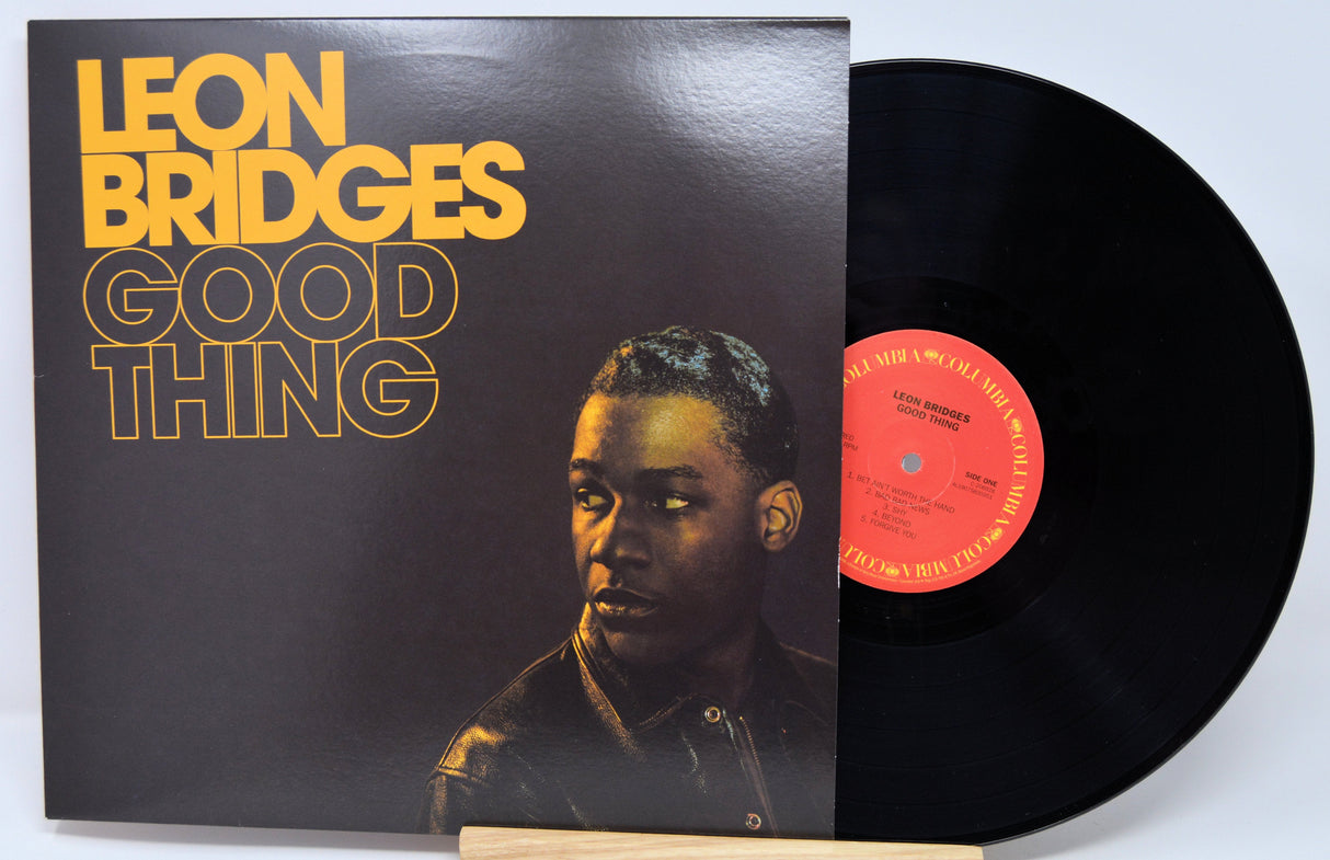 Front cover of Leon Bridges' 'Good Thing' vinyl LP with bold title and artist image