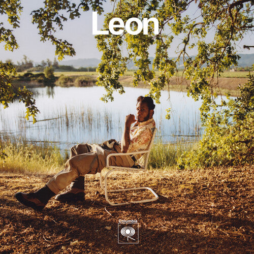 The image shows the cover of the vinyl record 'Leon' by Leon Bridges. The cover features a man seated on a chair under a tree, with a serene landscape in the background.