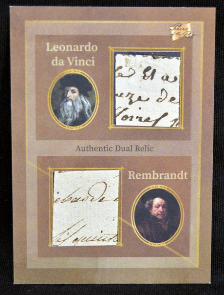 Front of dual relic trading card showing relics and portraits of Leonardo da Vinci and Rembrandt.