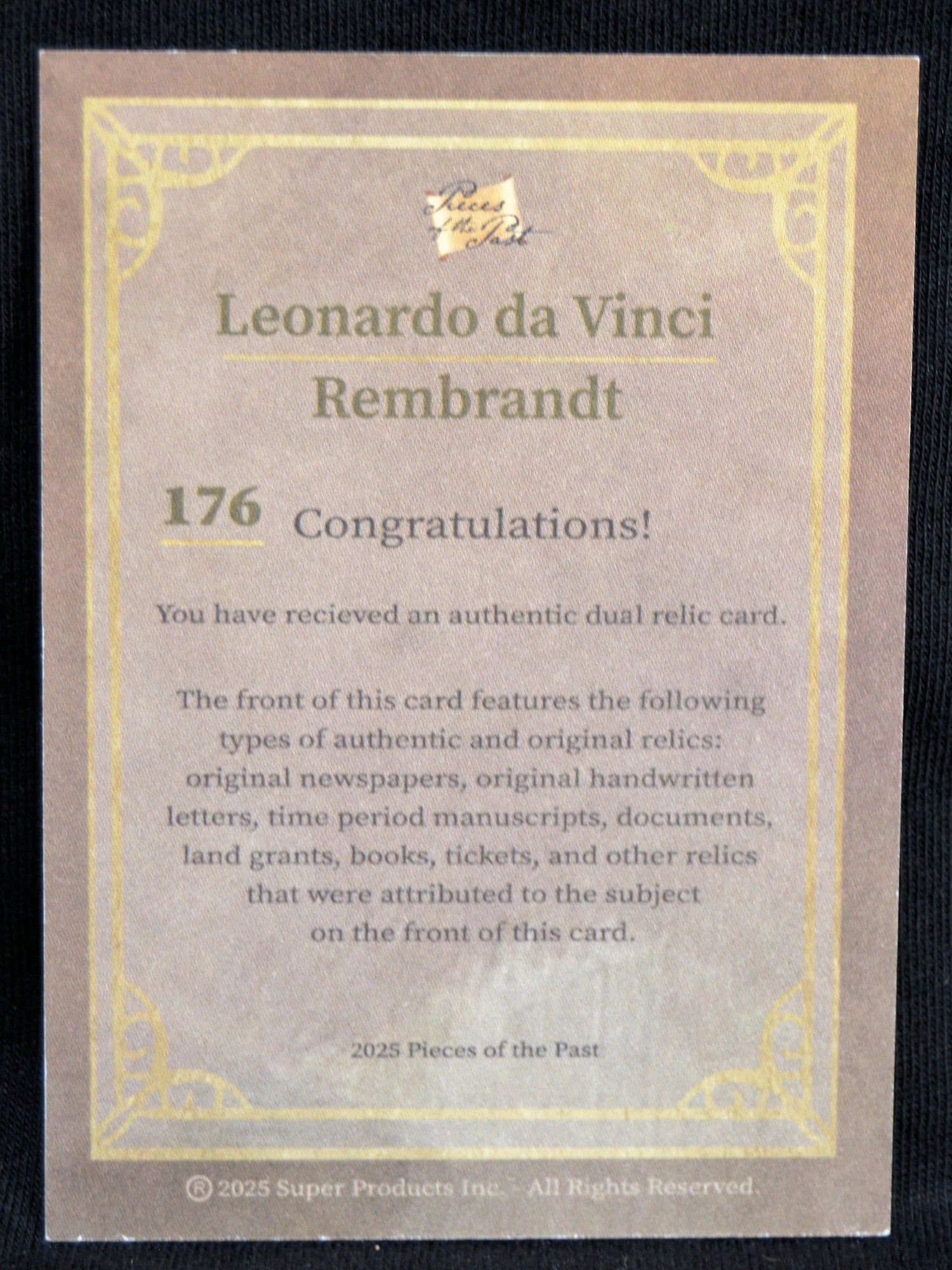Certificate of authenticity for Leonardo da Vinci and Rembrandt dual relic card, describing original relic features.