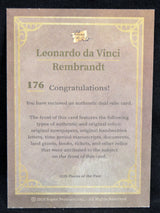 Certificate of authenticity for Leonardo da Vinci and Rembrandt dual relic card, describing original relic features.