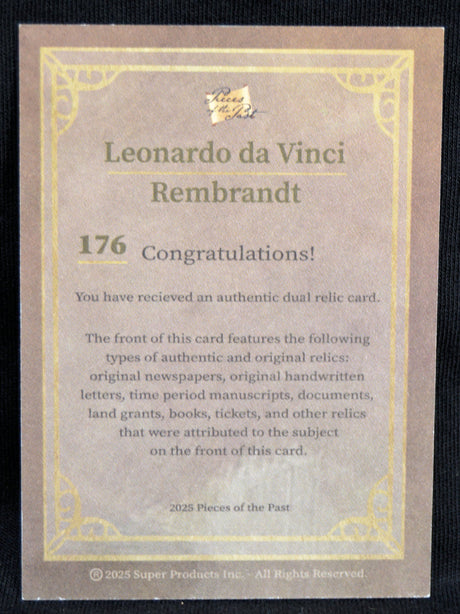 Certificate of authenticity for Leonardo da Vinci and Rembrandt dual relic card, describing original relic features.